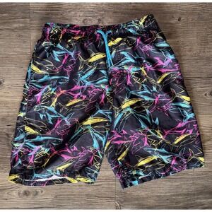Boys Neon Shark Print Swim Trunks Black Pink Yellow Blue Size L 10-12